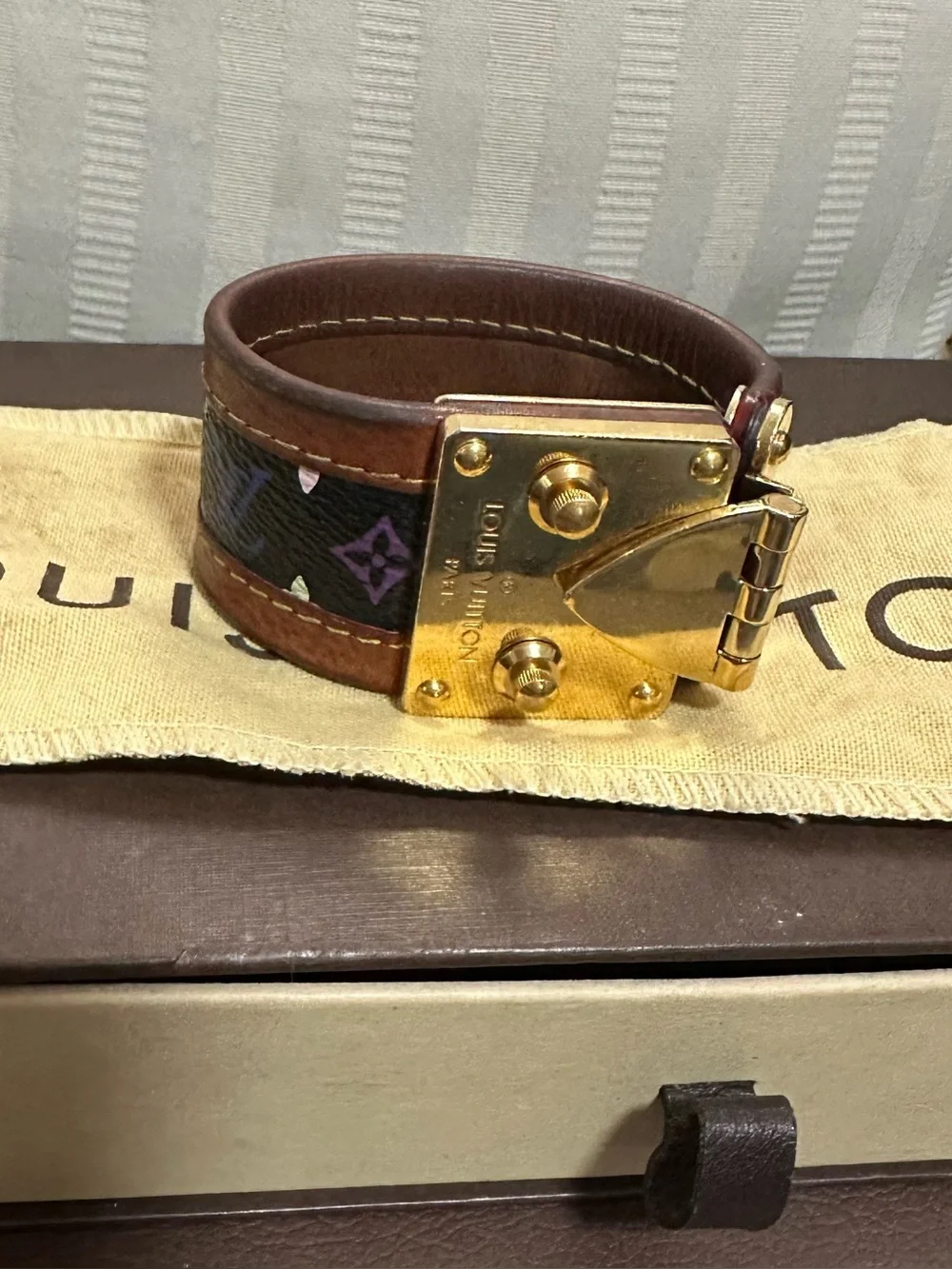 Louis Vuitton Black Monogram Multicolor Murakami S-Lock leather bracelet Cuff